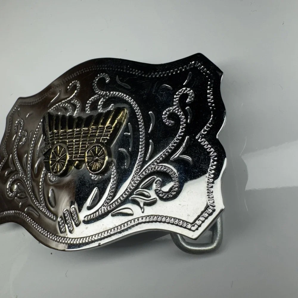 Western‎ Covered Wagon Belt Buckle Ornate Silver Tone Western Style